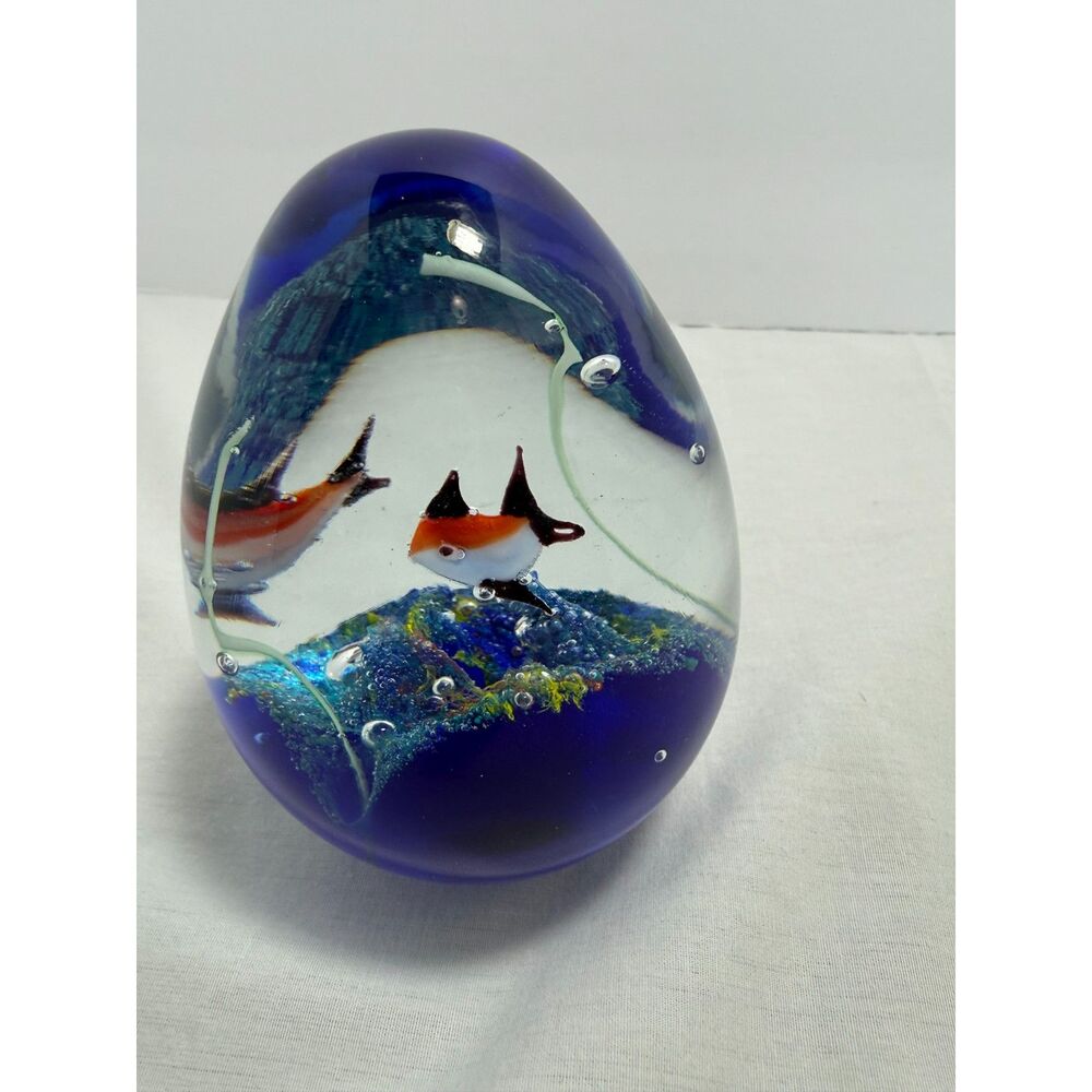 Art Glass Aquarium Fish Paperweight Blue Underwater Scene Murano Style